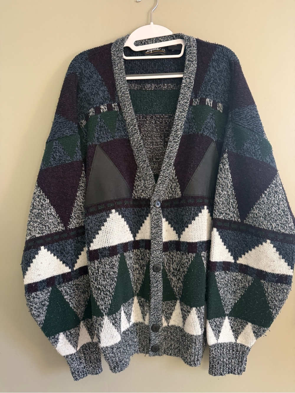 Vintage Impact Geometric Grandpa Cardigan Leather Patch Sweater L/XL Multi color